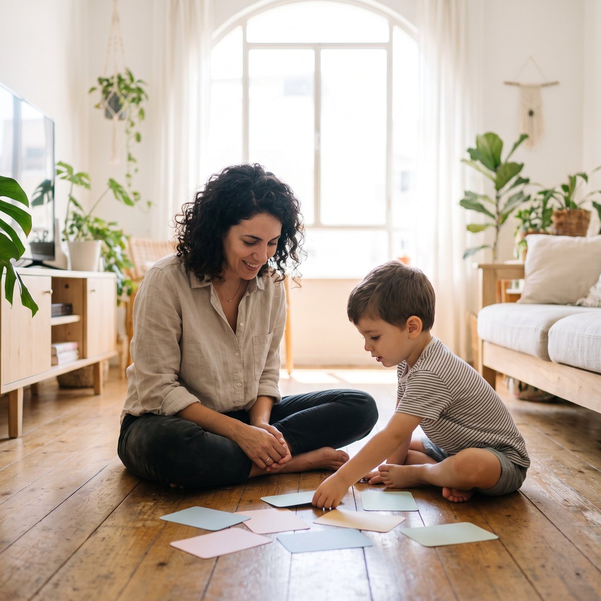 אמא וילד משחקים בקלפים על הרצפה
